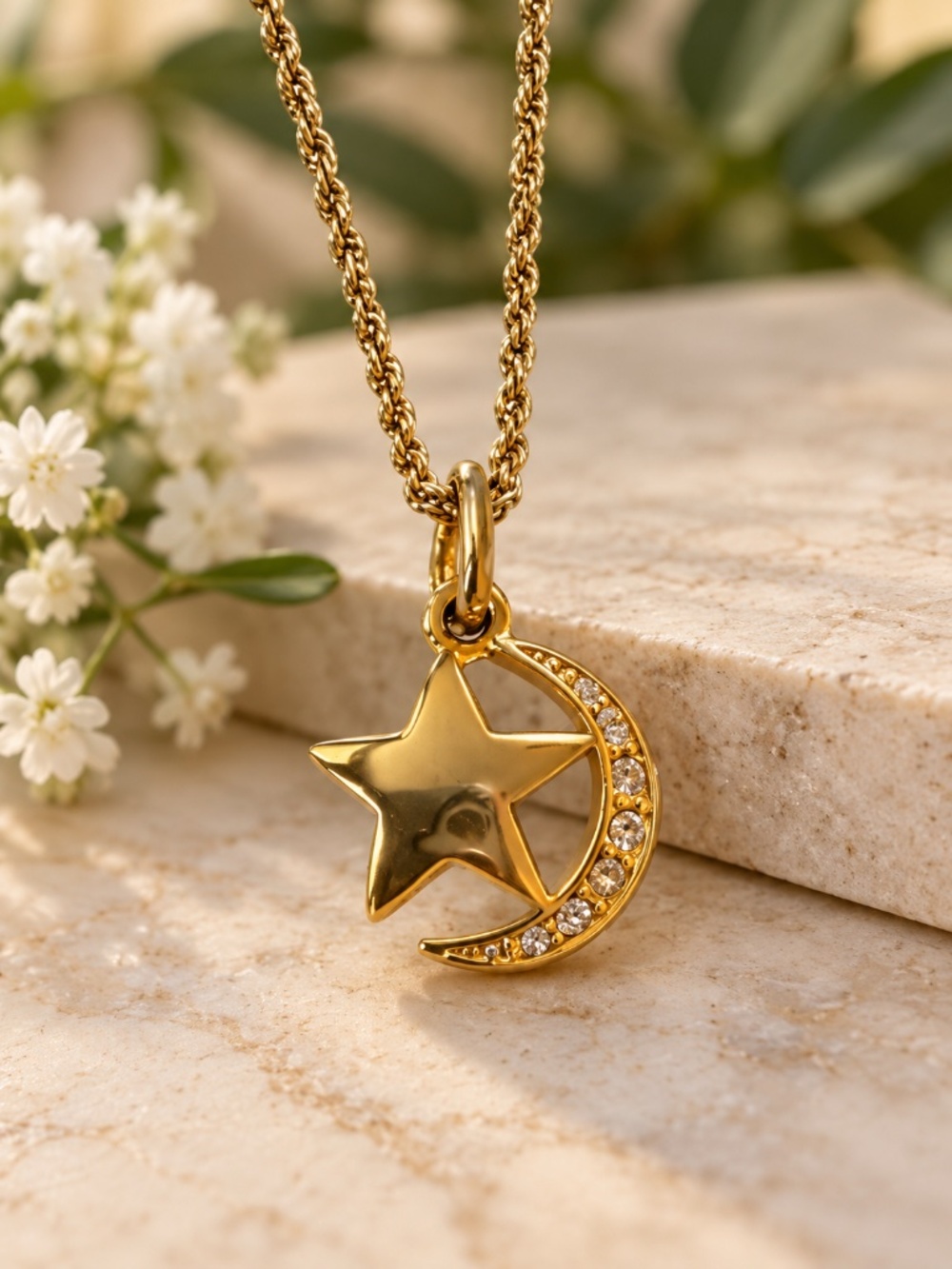 Gold Star & Crystal Crescent Moon Pendant Necklace - Women's Jewelry